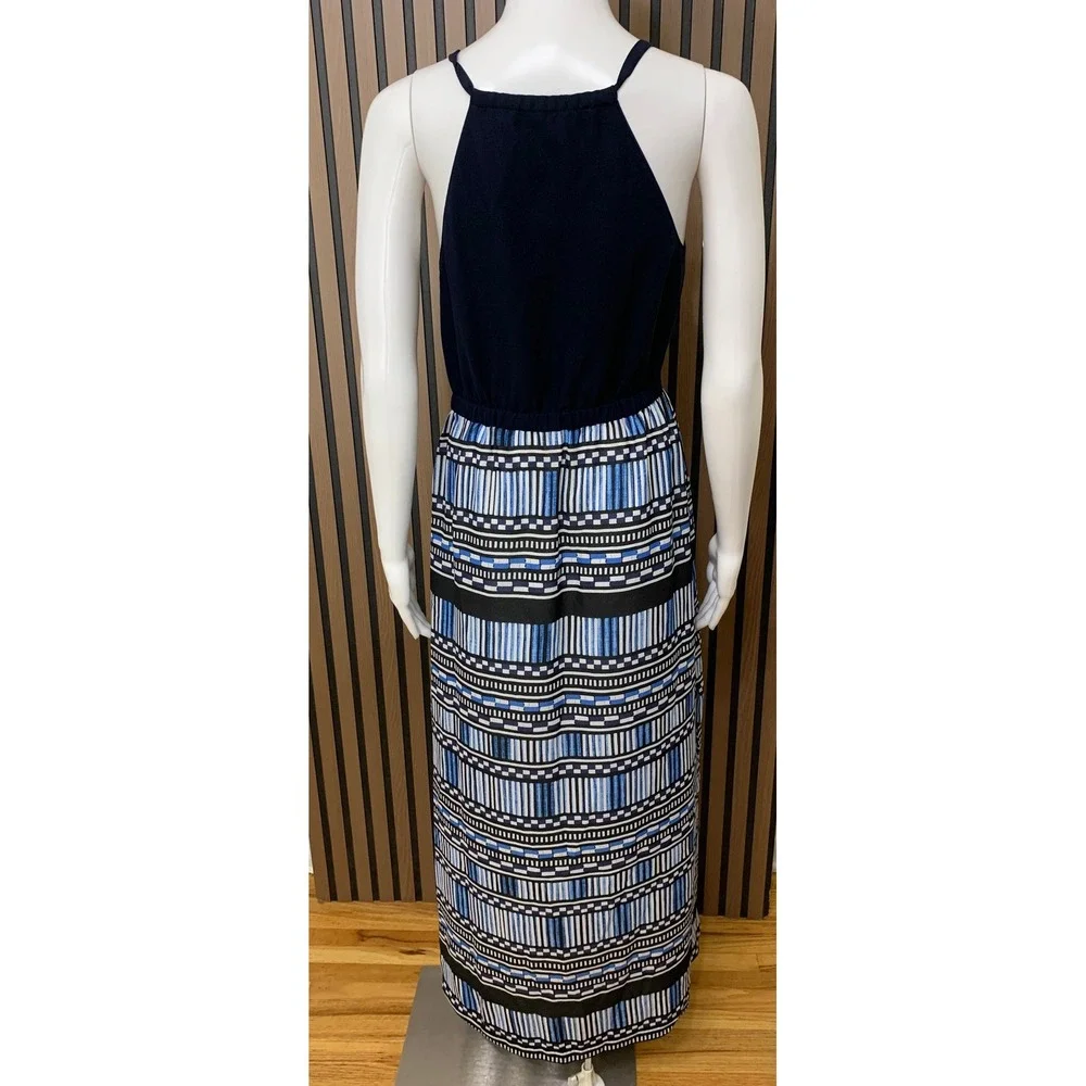J.Crew Women's Blue Geometric Striped Maxi Dress Navy V-Neck 2 Classic